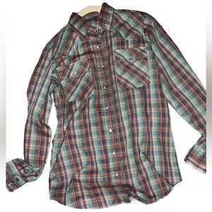 h.i.s Vintage Green Multi Plaid Pearl Snaps Western Shirt Top Women’s Medium